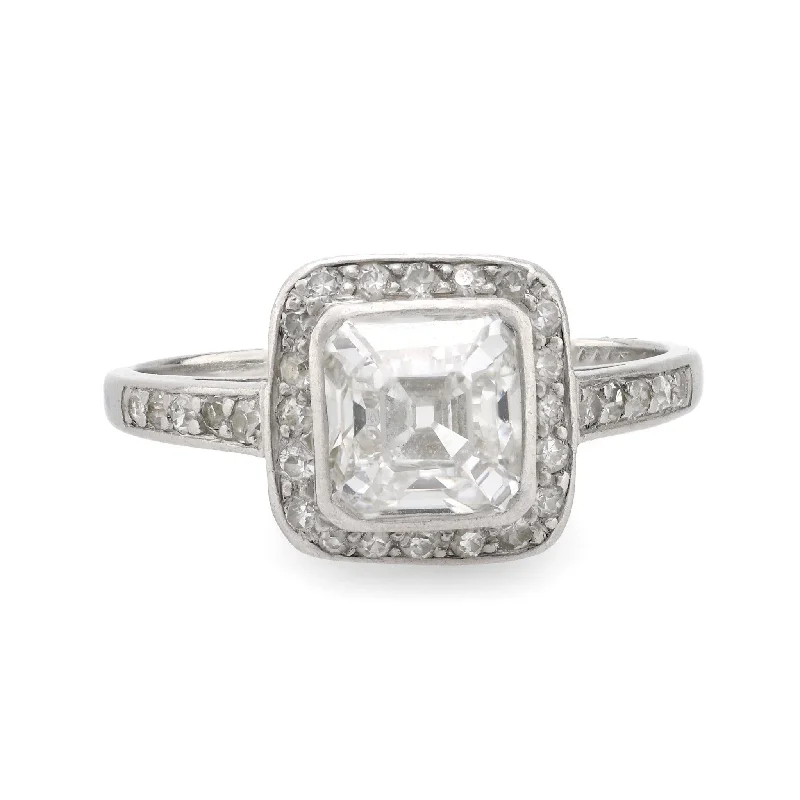 luxury promise rings -Art Deco old Asscher cut diamond platinum halo ring