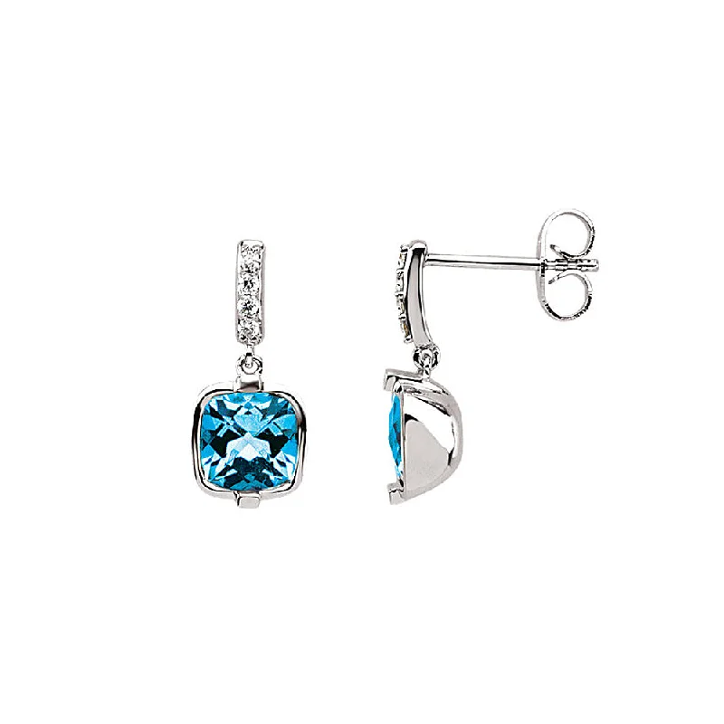 simple hoop earrings for women -Cushion Swiss Blue Topaz & Diamond 14k White Gold Dangle Post Earrings