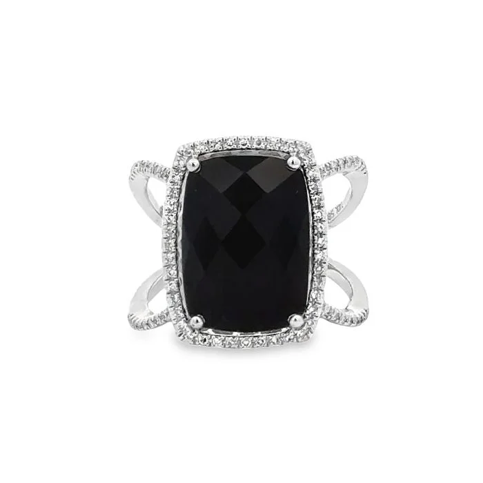 diamond rings for brides -Mountz Collection Black Onyx Ring with Diamond Halo in 14K White Gold