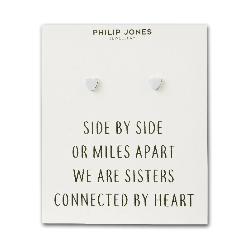 gold earrings for women -Silver Plated Sister Heart Stud Earrings with Quote Card