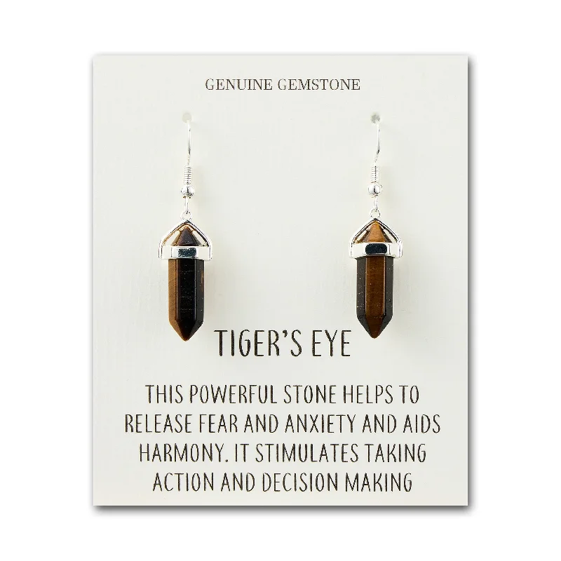 classic gold earrings for women -Tiger's Eye Gemstone Drop Earrings with Quote Card