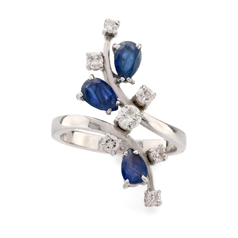 unique rings for women -Vintage 18k white gold sapphire diamond cocktail ring