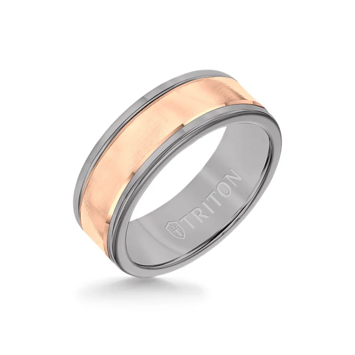 black diamond rings -8MM Grey Tungsten Carbide Ring - Linear 14K Rose Gold Insert with Round Edge