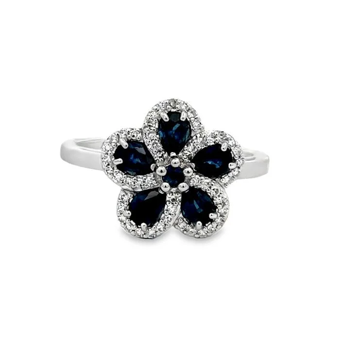 adjustable rings for women -Mountz Collection Sapphire and Diamond Flower Ring in 14K White Gold