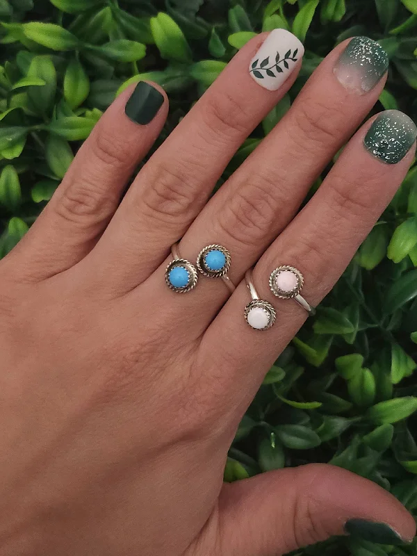 fashion rings for women -Stamped Sterling Silver 2 Stone Turquoise & Pink Conch Shell Adjustable Rings