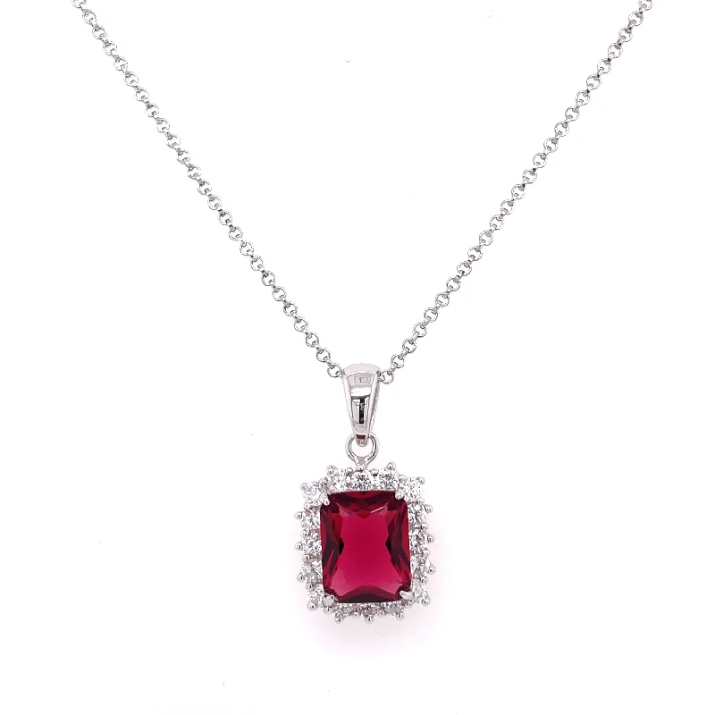 luxurious necklaces for women -Sterling Silver Emerald Cut Ruby CZ & CZ Halo Necklace