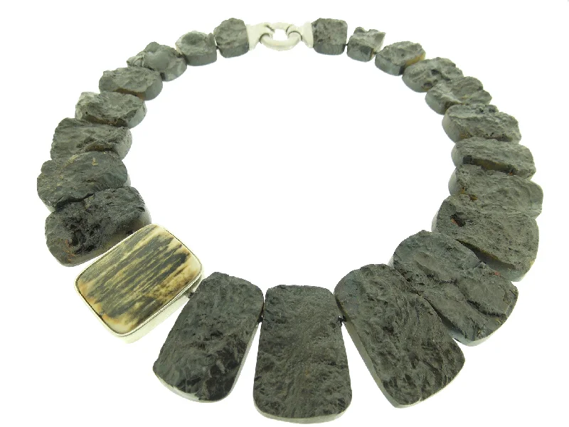 vintage crystal necklaces for women -Fossilized Ivory and Hematite Necklace