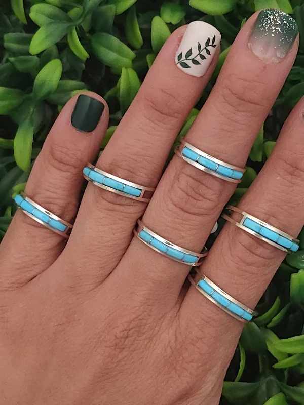 stackable rings for women -Stamped Sterling Silver Turquoise Inlay Stacker Rings