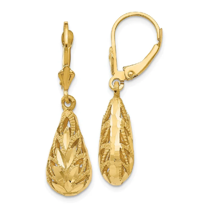 luxury drop earrings for women -Teardrop Foliage Dangle Lever Back Earrings in 14k Yellow Gold