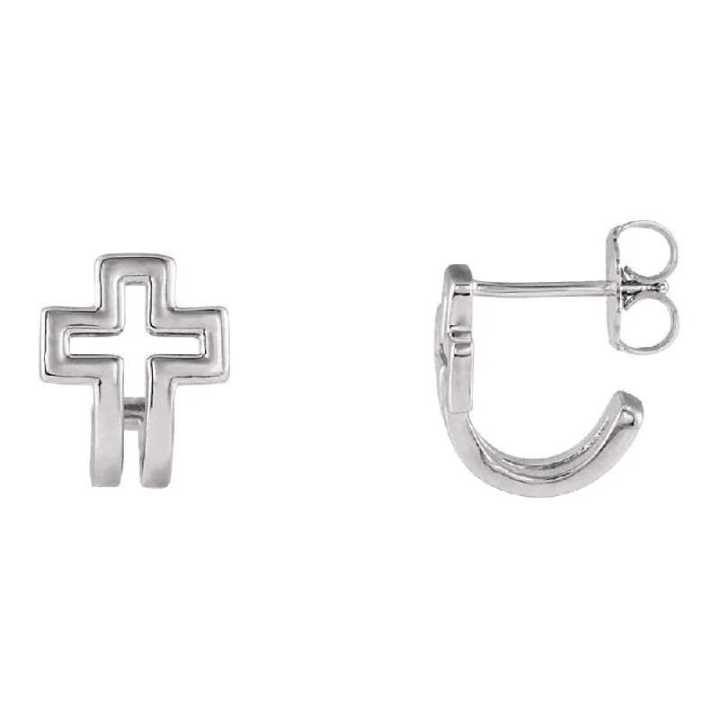 pearl stud earrings for women -9 x 11mm (3/8 x 7/16 Inch) 14k White Gold Voided Cross J-Hoop Earrings