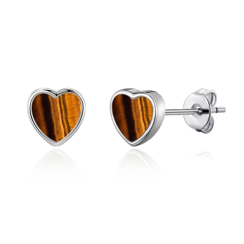 drop earrings for women -Tiger's Eye Heart Stud Earrings