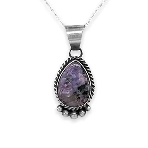 fashionable choker necklaces for women -Genuine Charoite Necklace, Sterling Silver, Pendant with Chain, Navajo Native American Handmade