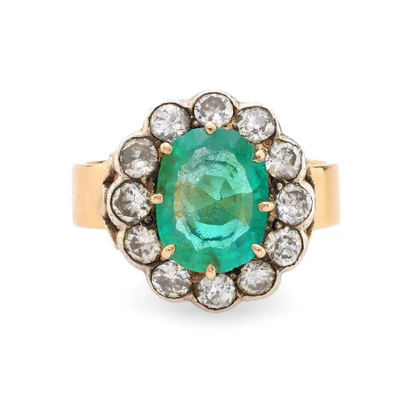 gold promise rings -Antique style GIA 1.70 carat emerald diamond 14k yellow gold silver cluster ring