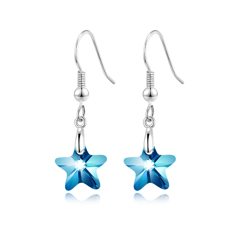 trendy earrings for women -Sterling Silver Aquamarine Star Earrings Created with Zircondia® Crystals