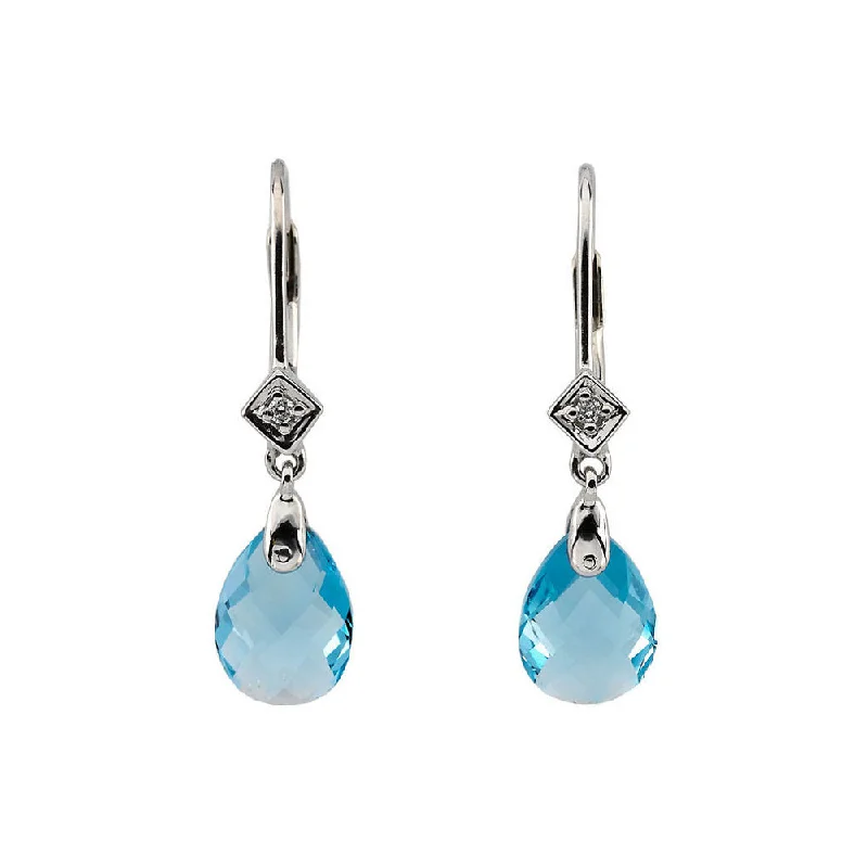 elegant dangle earrings for women -Swiss Blue Topaz & Diamond Lever Back Earrings in 14k White Gold