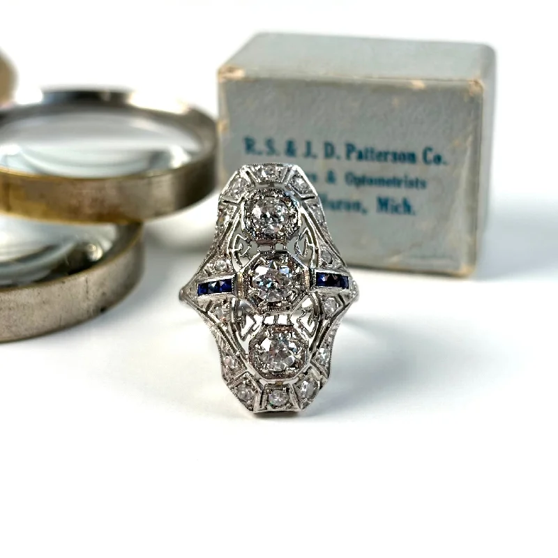 custom gold rings -Platinum Three Stone Diamond and Square Cut Sapphire Ring