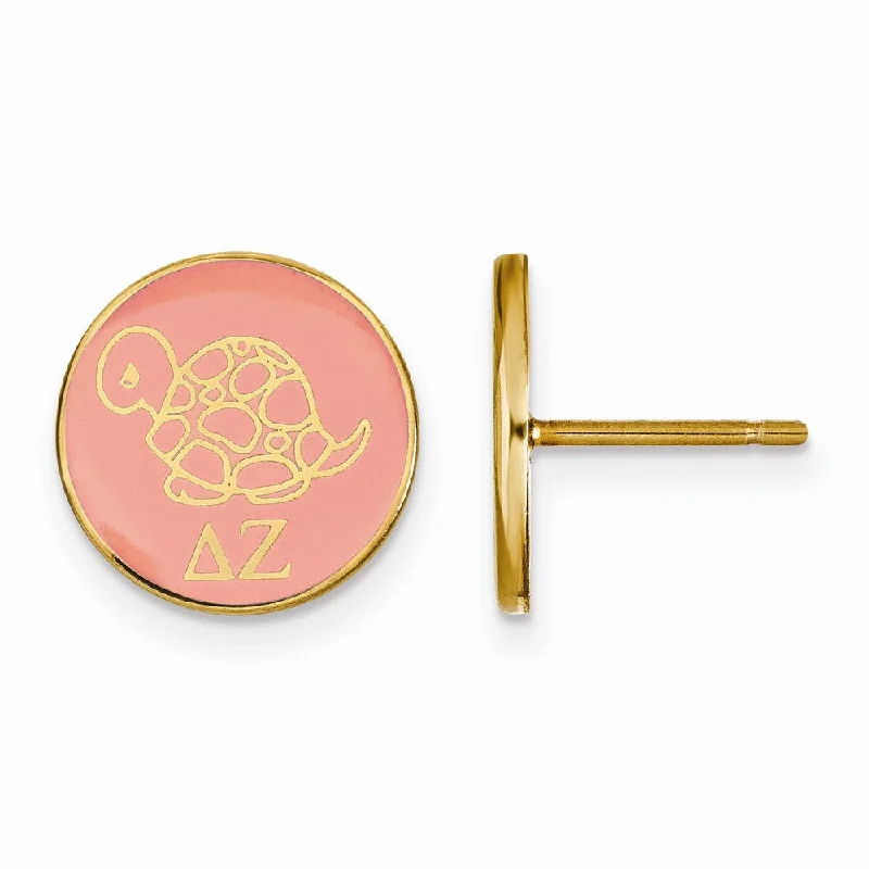 chic earrings for women -14K Plated Silver Delta Zeta Pink Enamel Turtle Disc Post Earrings