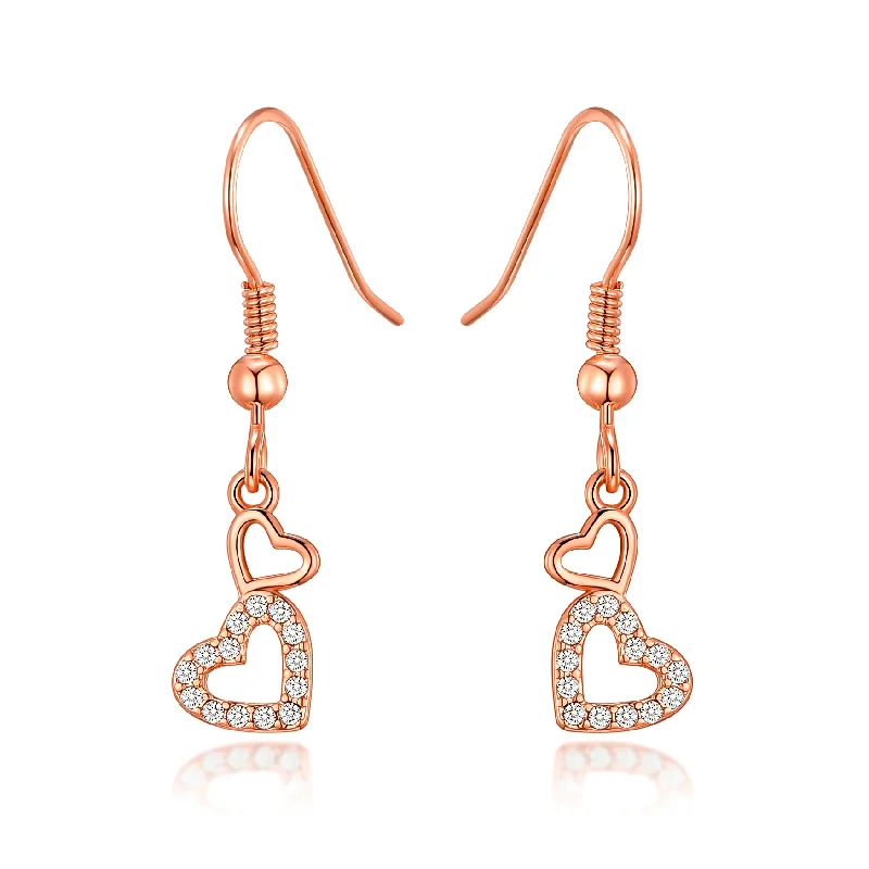 multi-strand earrings for women -Rose Gold Plated Double Heart Drop Earrings Created with Zircondia® Crystals