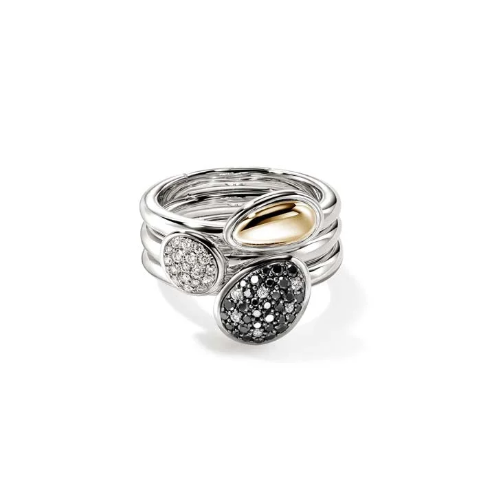 stackable diamond rings -John Hardy Pebble Black Sand Diamond Pavé Stacking Rings (Set of 3) in Sterling Silver and 14K Yellow Gold