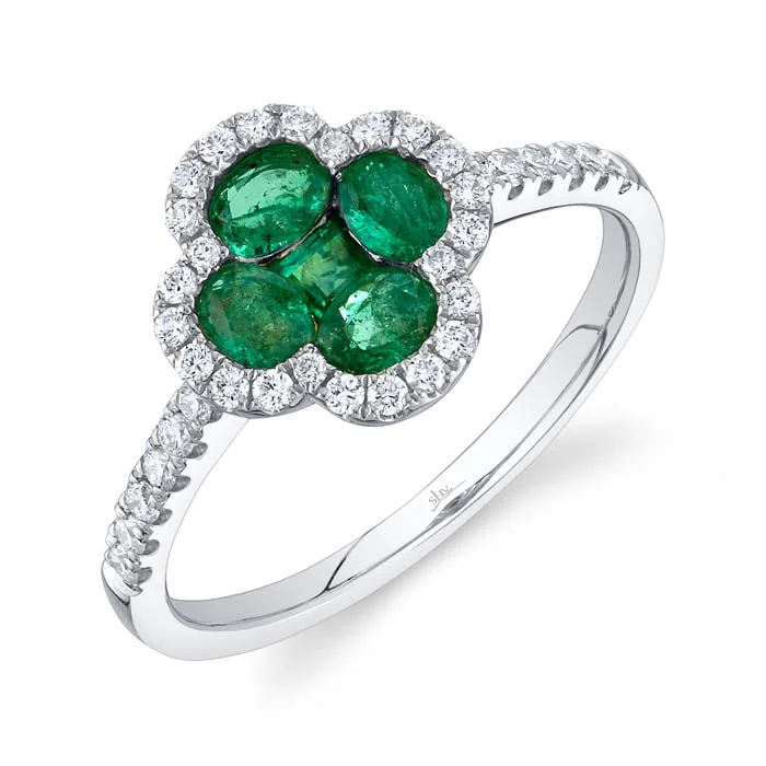 gold wedding bands for women -Shy Creation Emerald and Diamond Clover Ring in 14K White Gold