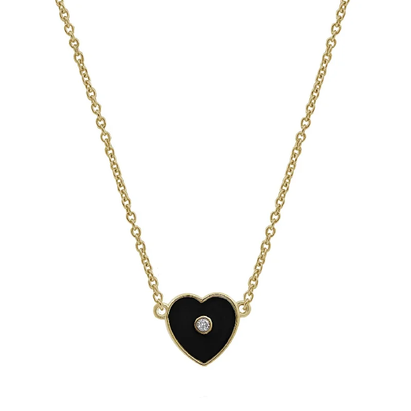 delicate diamond necklaces for women -Black Enamel Heart Pendant Necklace with Accent