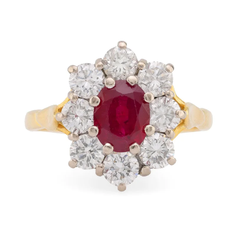 fashion rings for women -GIA 1.2 Carat Burma Ruby Diamond 18K Yellow and White Gold Cluster Ring