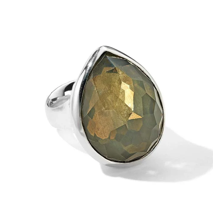 twisted rings for women -Ippolita Pyrite and Clear Quartz Rock Candy Teardrop Ring in Sterling Silver