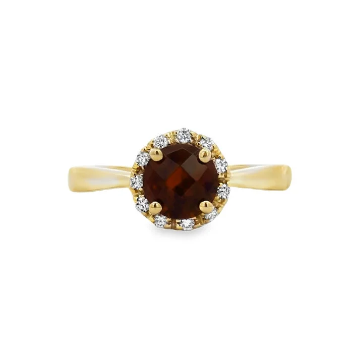 gold wedding bands for women -Mountz Collection Garnet and Diamond Halo Ring in 14K Yellow Gold