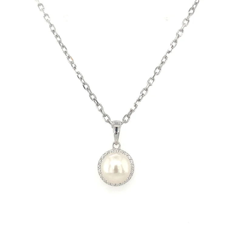 vintage crystal necklaces for women -Sterling Silver Pearl CZ Halo Necklace