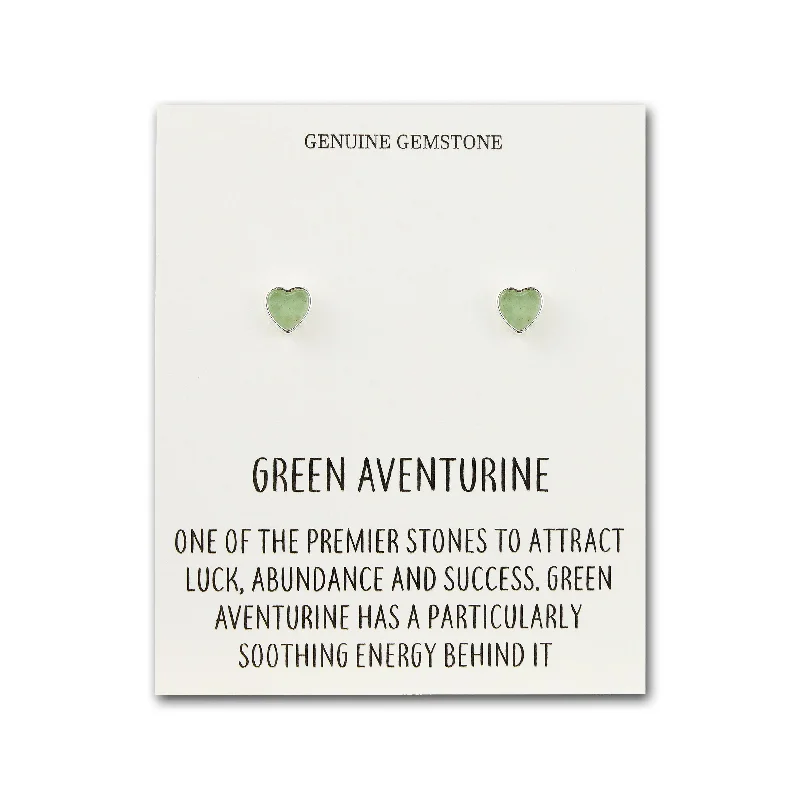 bold gold earrings for women -Green Aventurine Heart Stud Earrings with Quote Card