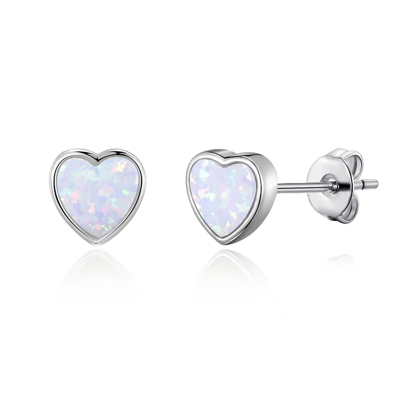 trendy statement earrings for women -Synthetic White Opal Heart Stud Earrings