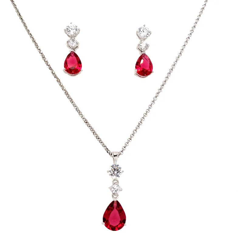 silver chain necklaces for women -Sterling Silver Ruby Pear Drop CZ Earrings & Necklace Set