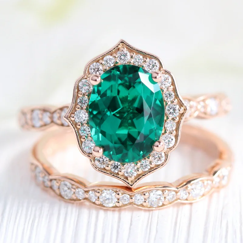 rose gold rings for women -Large Vintage Floral Oval Ring Set w/ Emerald and Diamond in Scalloped Band