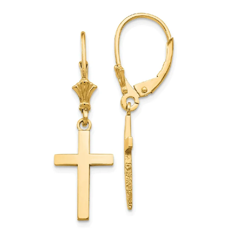 pearl earrings for women -Polished Hollow Cross Lever Back Earrings in 14k Yellow Gold