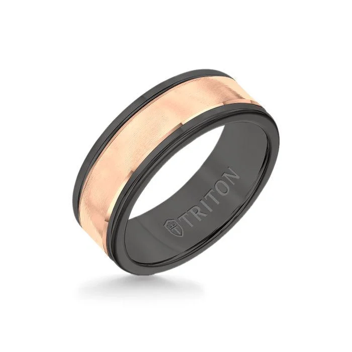 gold wedding bands for women -8MM Black Tungsten Carbide Ring - Linear 14K Rose Gold Insert with Round Edge