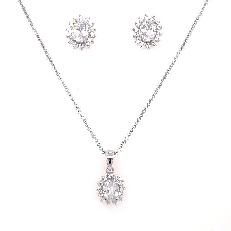 chunky necklaces for women -Sterling Silver Dazzling CZ Oval Halo Earrings & Necklace Set