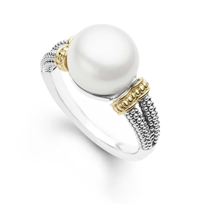 emerald-cut rings for women -LAGOS Luna Button Pearl Small Ring in Sterling Silver and 18K Yellow Gold