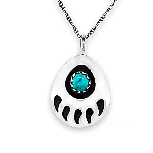 gold necklace sets for women -Genuine Sleeping Beauty Turquoise Shadowbox Bear Paw Necklace, Sterling Silver, Pendant with Chain, Navajo Native American Handmade