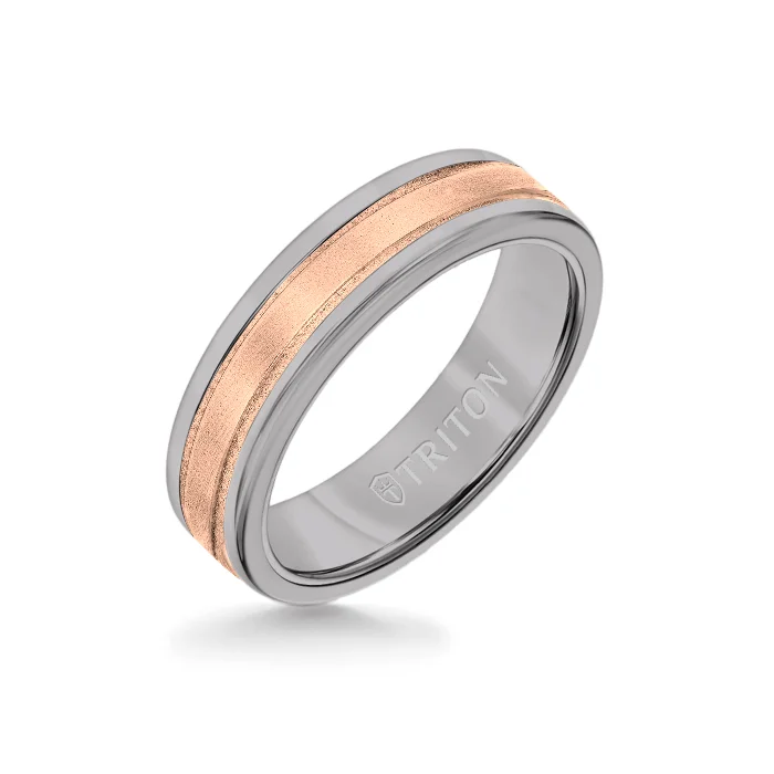 white gold rings for women -6MM Grey Tungsten Carbide Ring - Step Edge 14K Rose Gold Insert with Round Edge