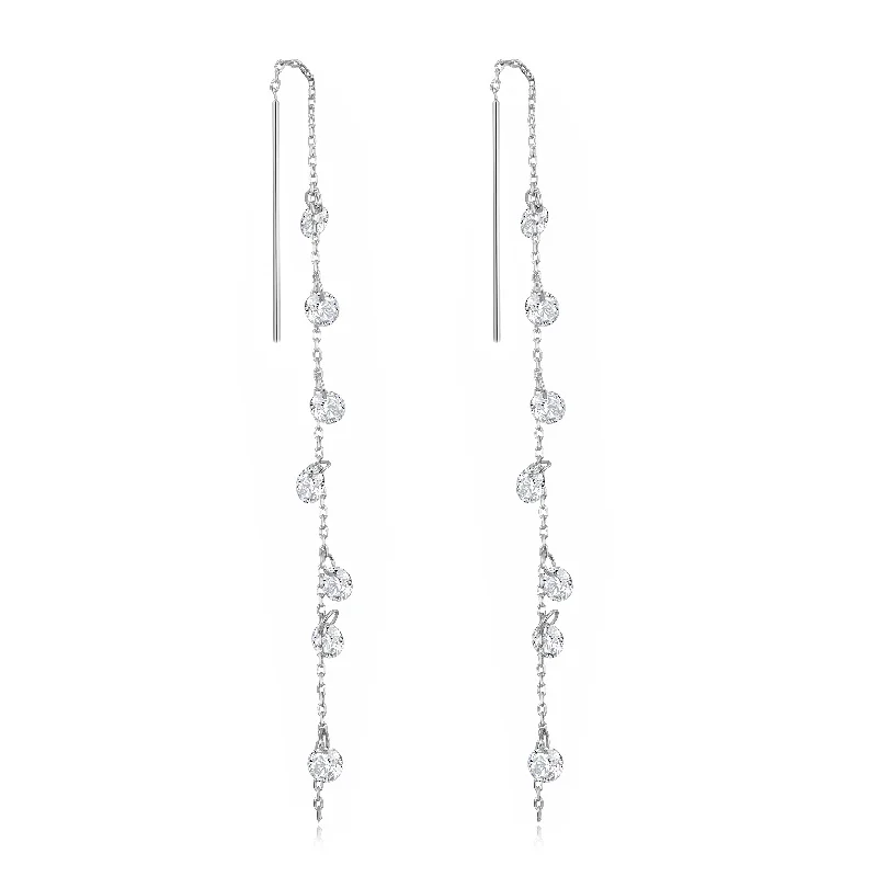 stud earrings for women -Silver Plated Dangle Thread Earrings Created with Zircondia® Crystals