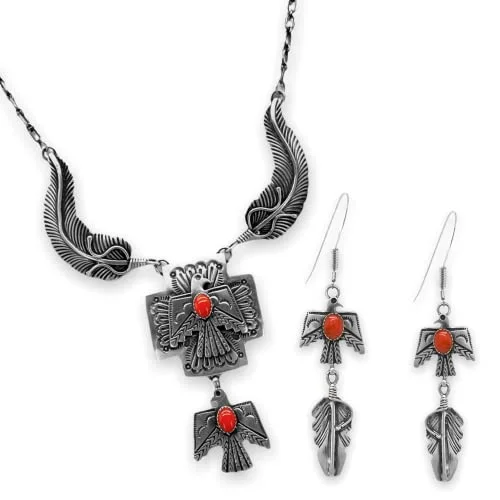 elegant necklaces for women -Genuine Red Coral Thunderbird Necklace and Earring Set, Sterling Silver, Navajo Native American Handmade in New Mexico, Artist Signed