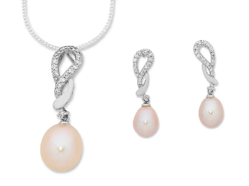 casual earrings for women -Sterling Silver and Freshwater Pearl Neckace and Earring Set