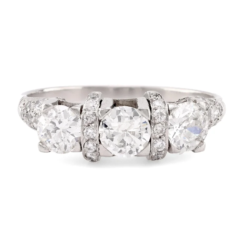 unique rings for women -Art Deco Style Diamond Platinum Three Stone Ring