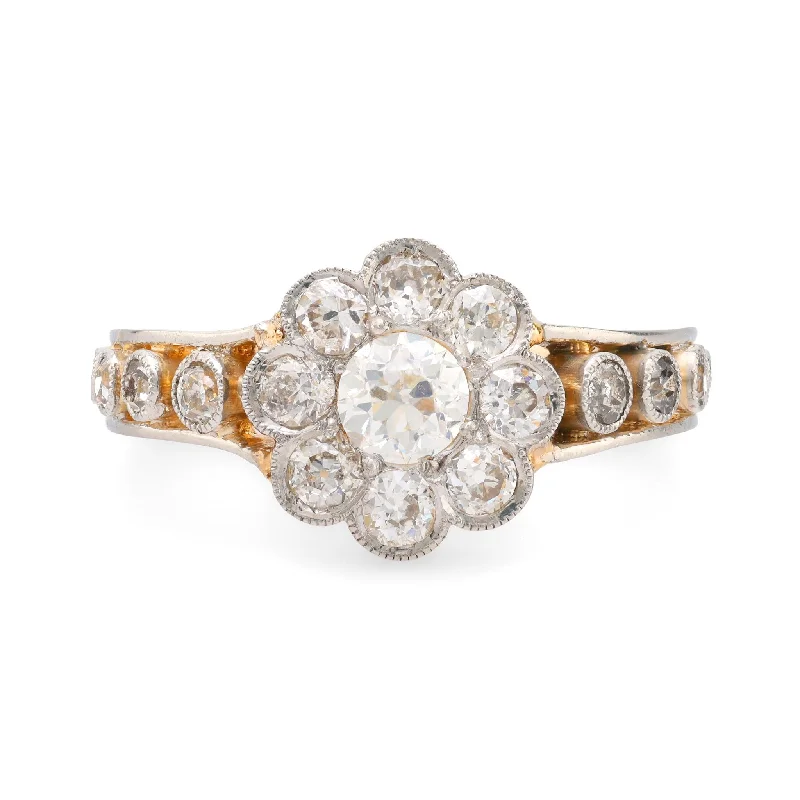 unique engagement rings -Edwardian 1.50 carat total weight diamond 18k yellow gold flower ring