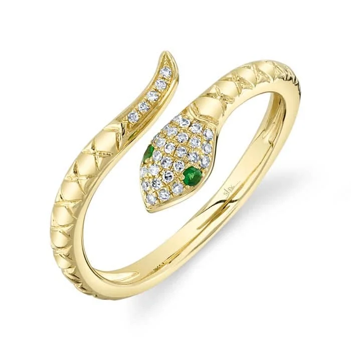 unique engagement rings -Shy Creation Diamond and Tsavorite Garnet Snake Ring in 14K Yellow Gold