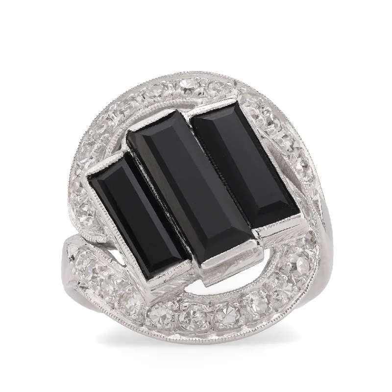 emerald-cut rings for women -Art Deco Onyx Diamond Platinum Three Stone Ring