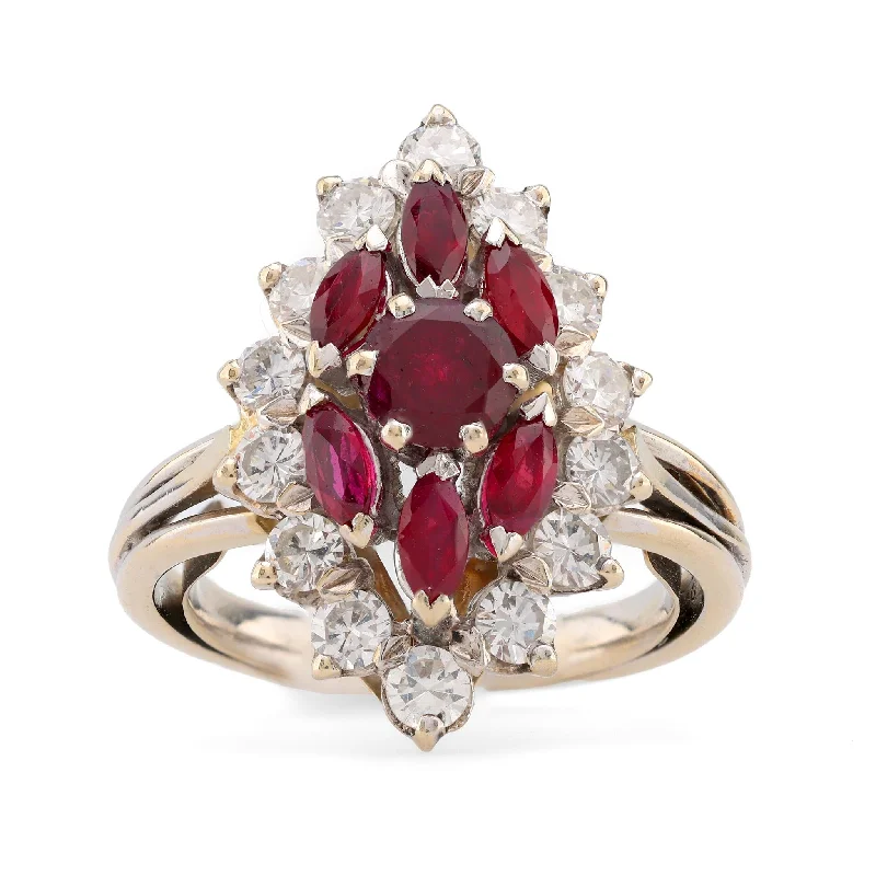 platinum rings for women -Mid Century French Ruby Diamond 18K White Gold Navette Ring