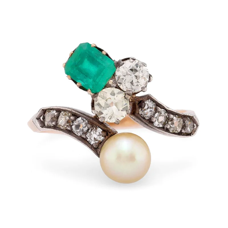 black diamond rings -Belle Époque emerald pearl diamond 18k rose gold silver Toi Et Moi ring