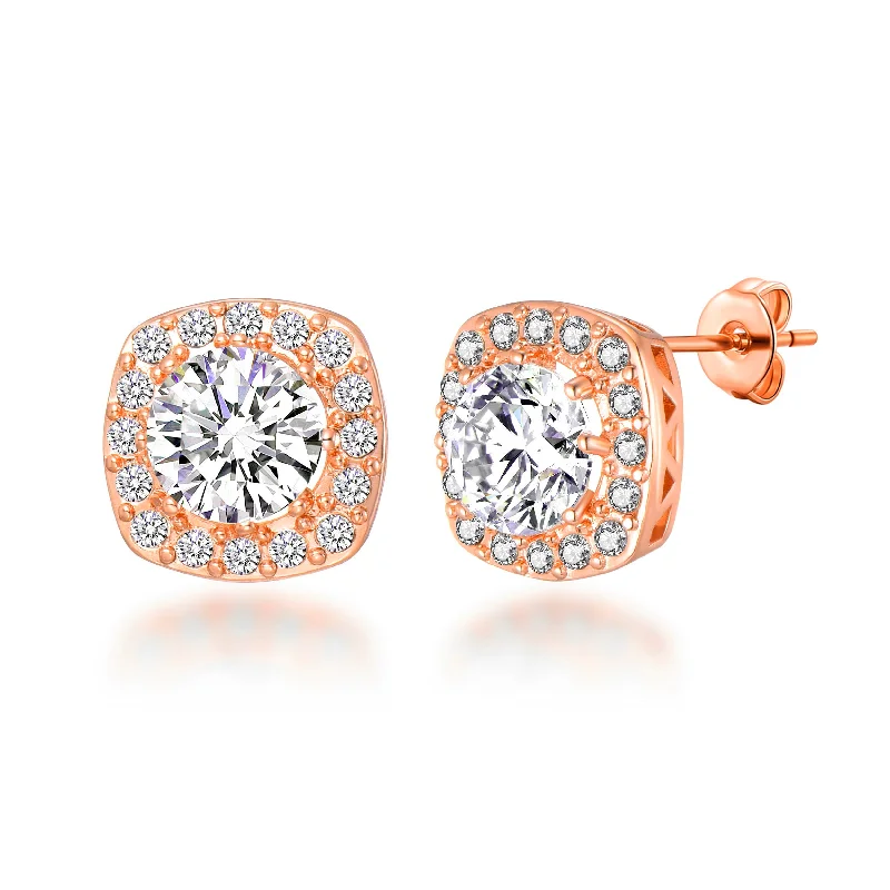 casual earrings for women -Rose Gold Plated Square Halo Earrings Created with Zircondia® Crystals