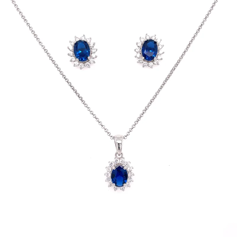 vintage gold necklaces for women -Sterling Silver Oval Sapphire And Cz Halo Earrings & Necklace Set